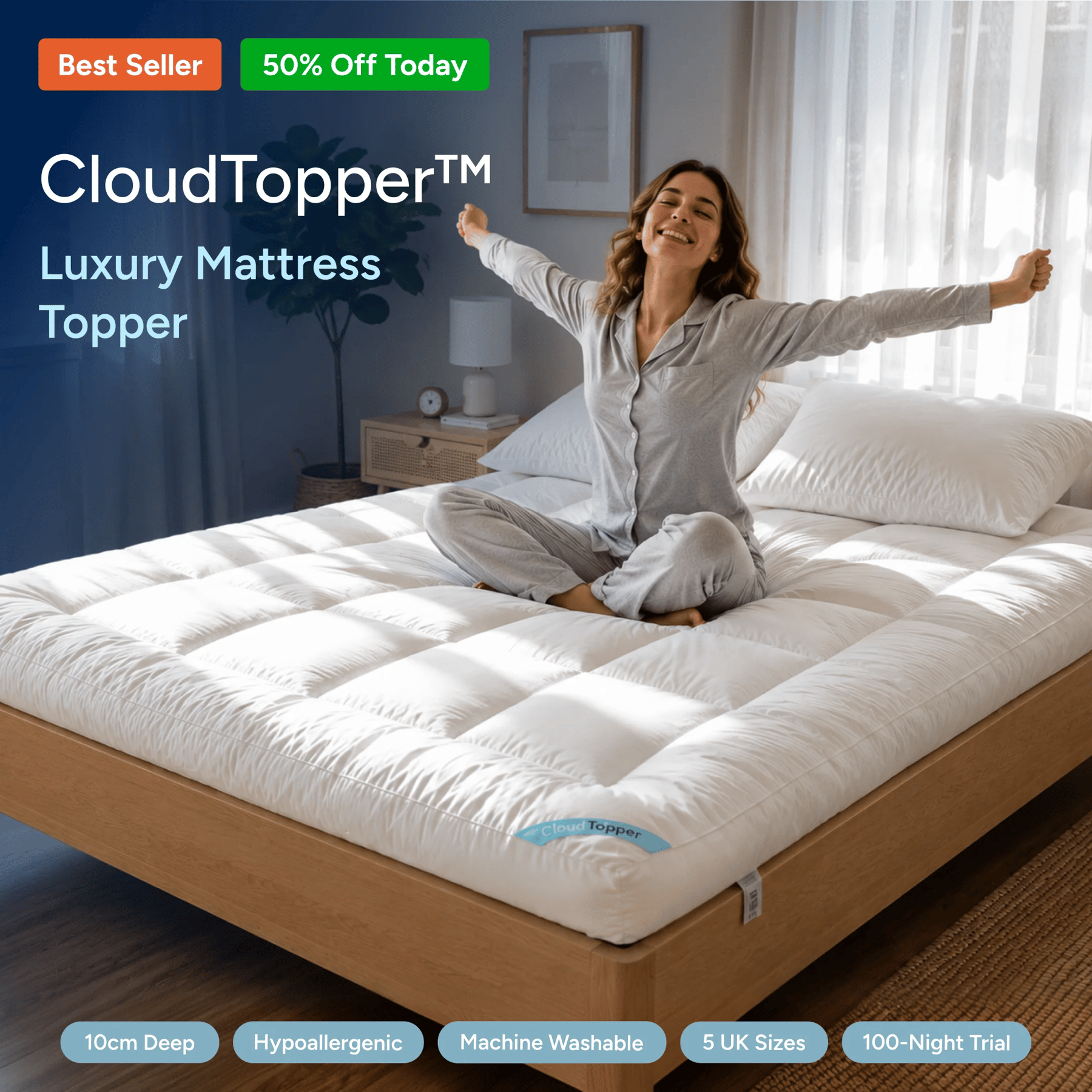 Woman sitting on a bed with a CloudTopper mattress topper, promotional text overlay.