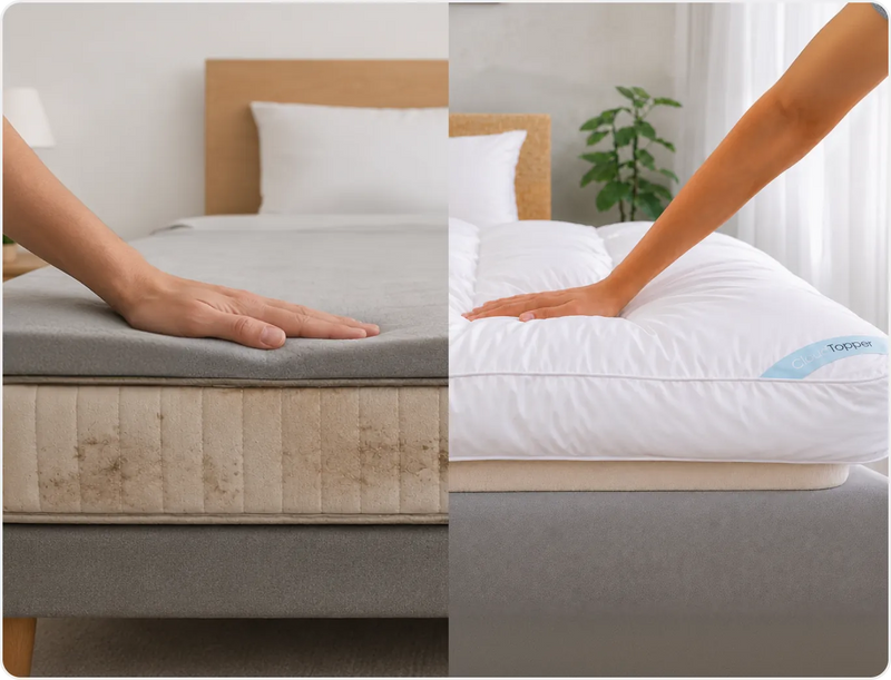 Hand pressing a bare mattress next to a hand pressing a CloudTopper