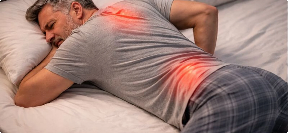 A man lying on a bed in a gray t-shirt and plaid pajama pants, with glowing red highlights over his upper and lower back to indicate pain. He is resting on white bedding.