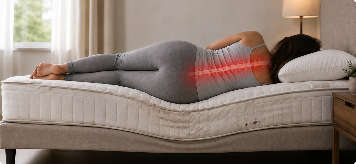 A woman lies on her side on a mattress with a red highlighted spine area, shown in a bedroom setting with a lamp, window, and bedside table.