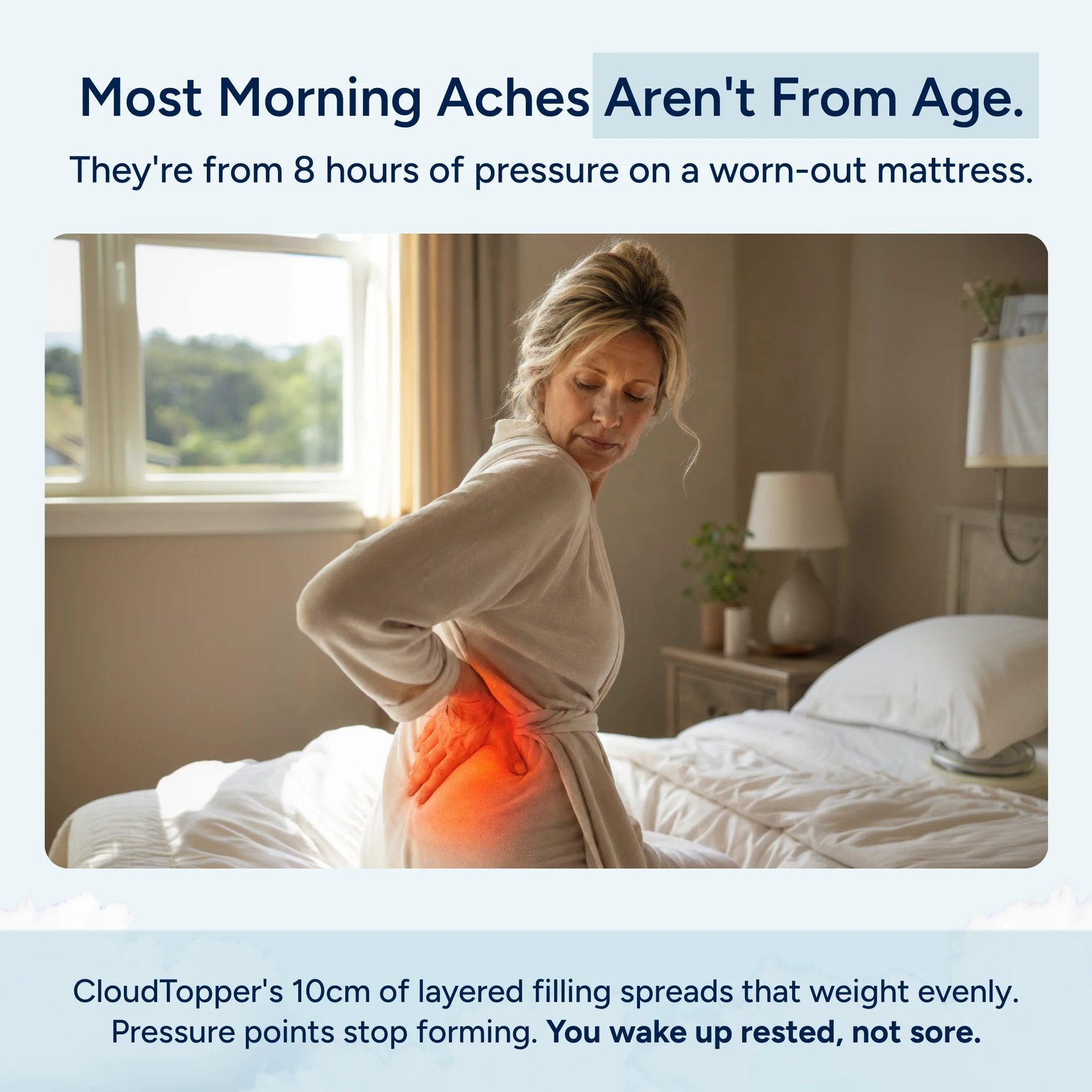 Woman with back pain in bed, text about CloudTopper mattress topper