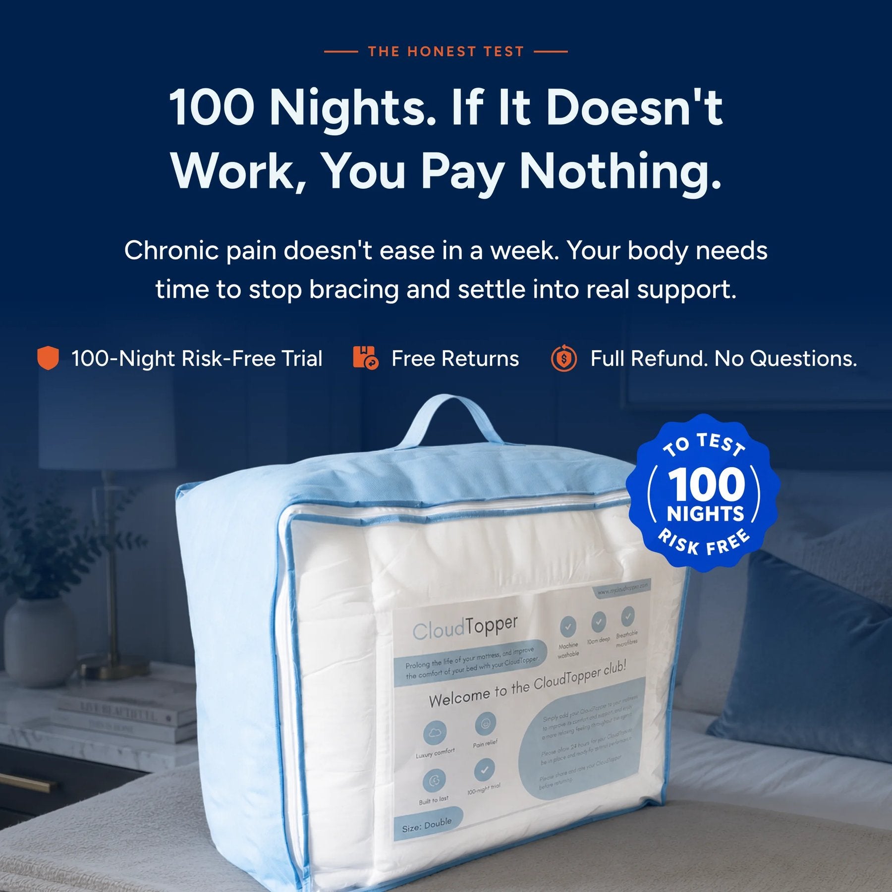 CloudTopper product packaging with promotional text on a blue background