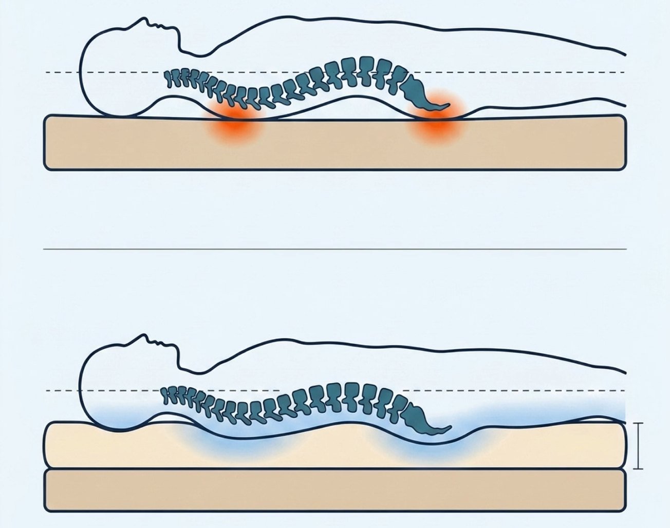 Spine alignment on a bare mattress versus the same mattress with a 10cm CloudTopper added