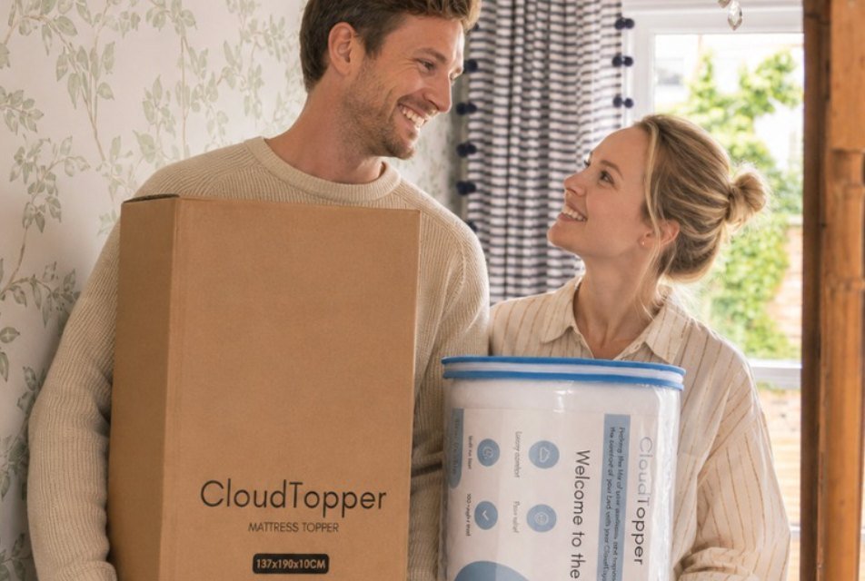 A couple carrying in their CloudTopper delivery