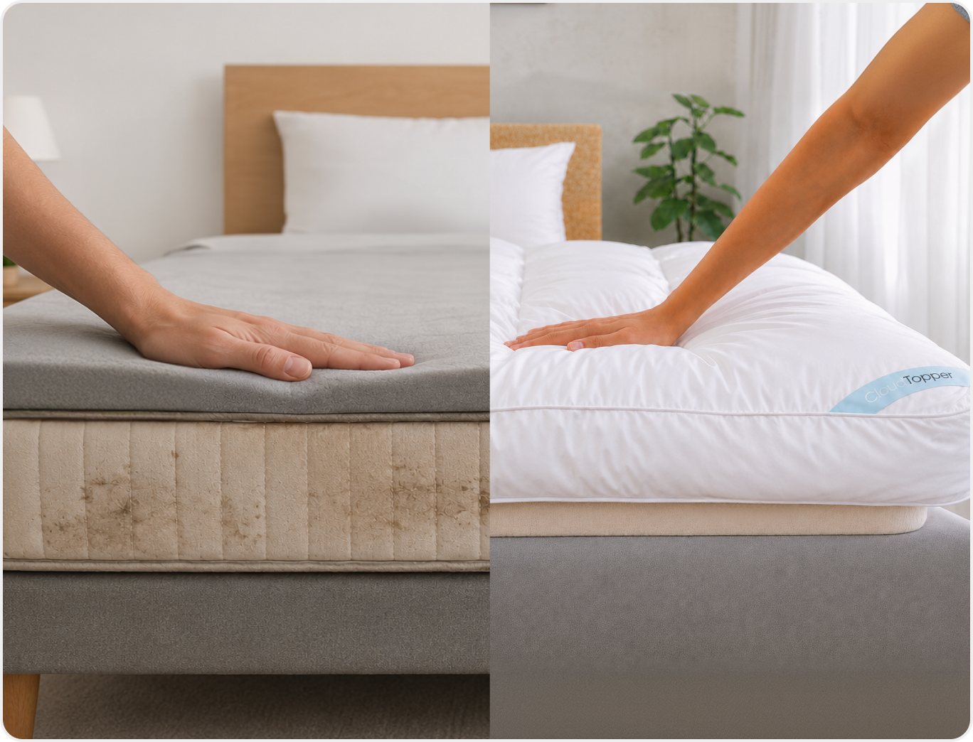 A hand pressing an old grey mattress beside a hand pressing the CloudTopper